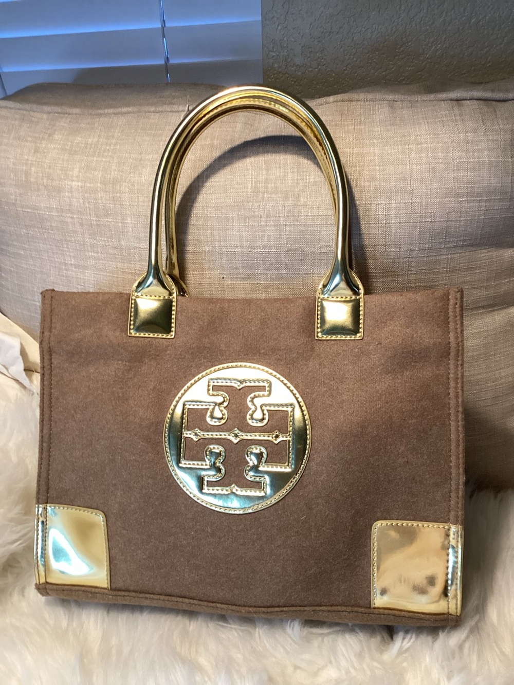 Tory Burch Felt Brown Tote with Gold Accents Medium